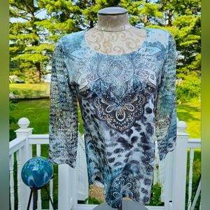 Zenergy by Chicos Womens Blouse Size 0 Rhinestone Multiprint Blue White NWOT